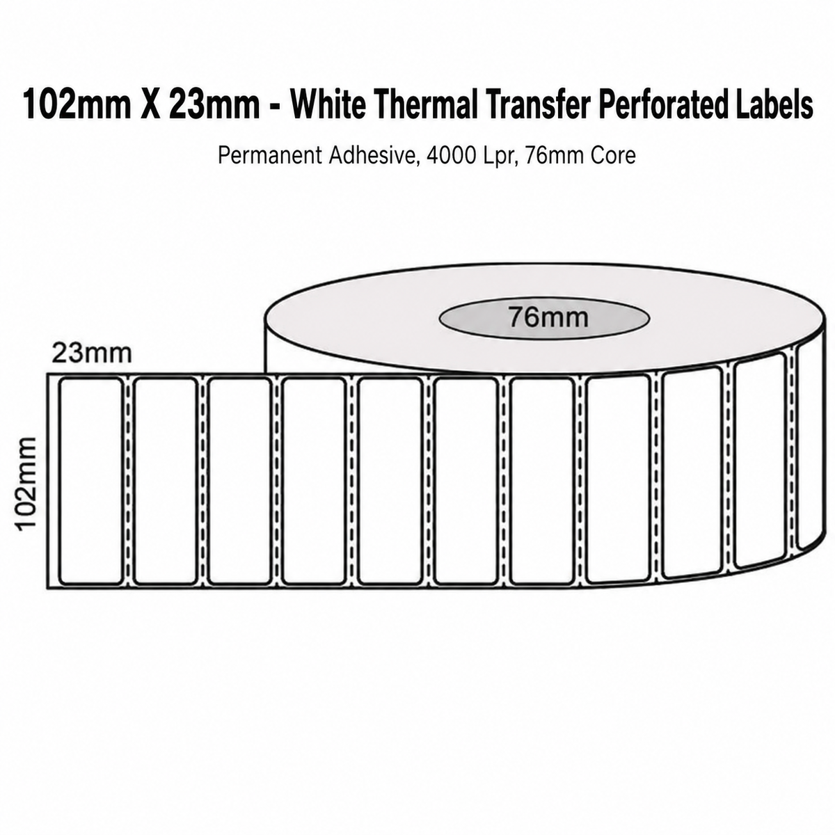 102mm x 23mm - White Thermal Transfer Perforated Labels, Permanent Adhesive, 4000 LPR 76mm core,