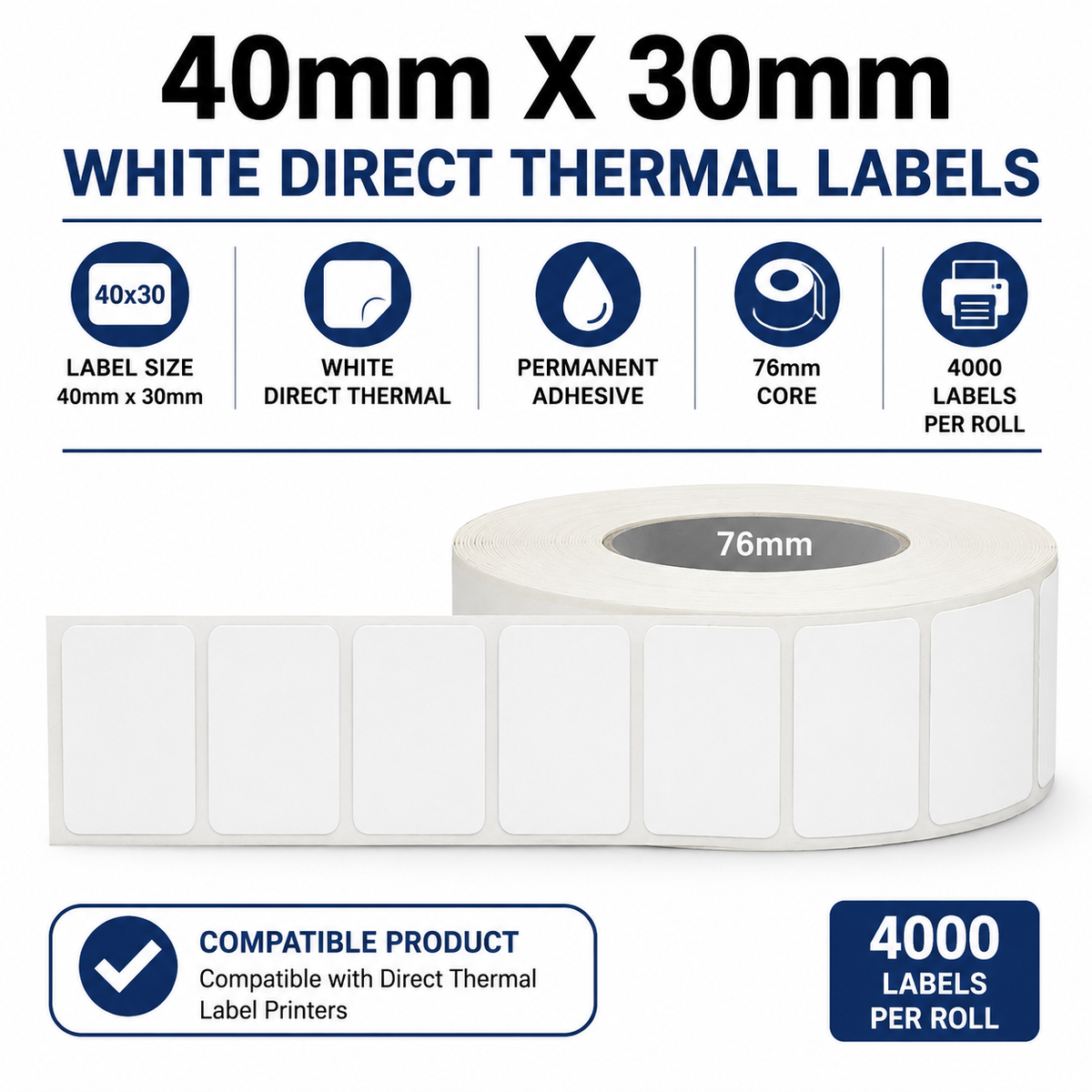 40mm x 30mm - White Direct Thermal Labels, Permanent Adhesive, 76mm core, 4000 LPR, Compatible Product (Copy)