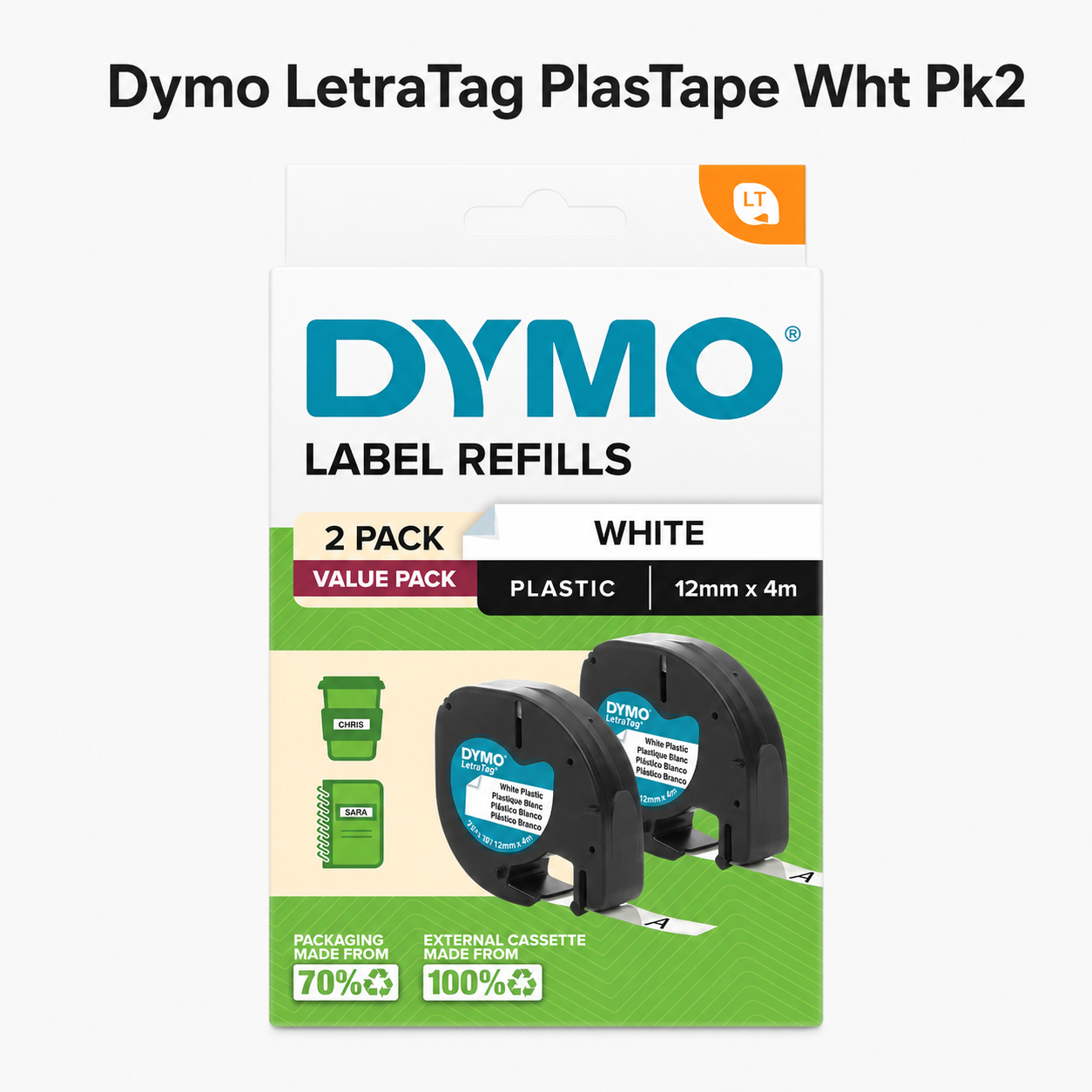 Dymo LetraTag PlasTape Wht Pk2