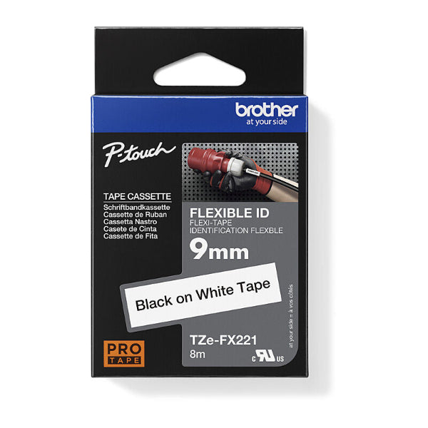 Brother tape cassette packaging with 9mm black on white tape