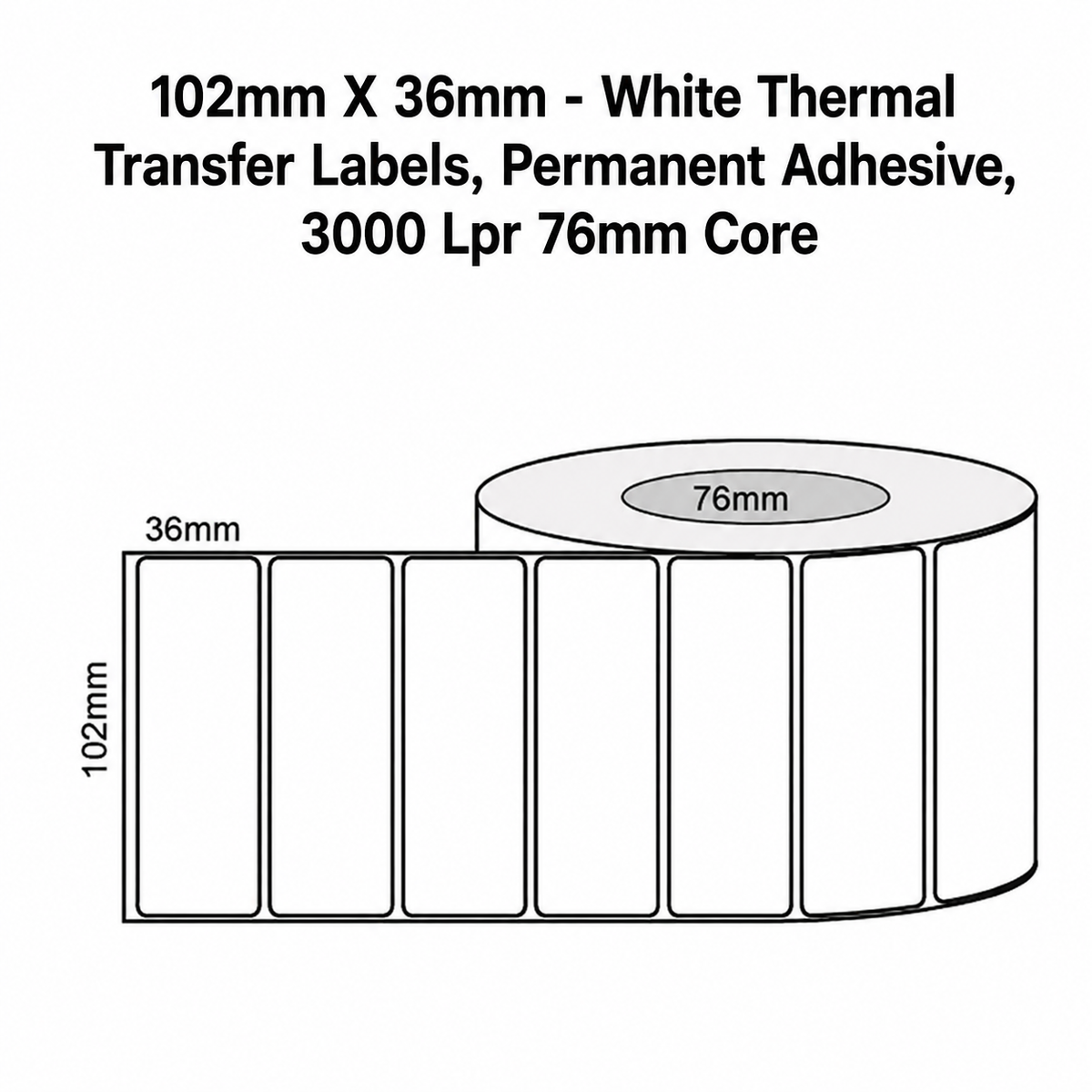 102mm x 36mm - White Thermal Transfer Labels, Permanent Adhesive, 3000 LPR 76mm core