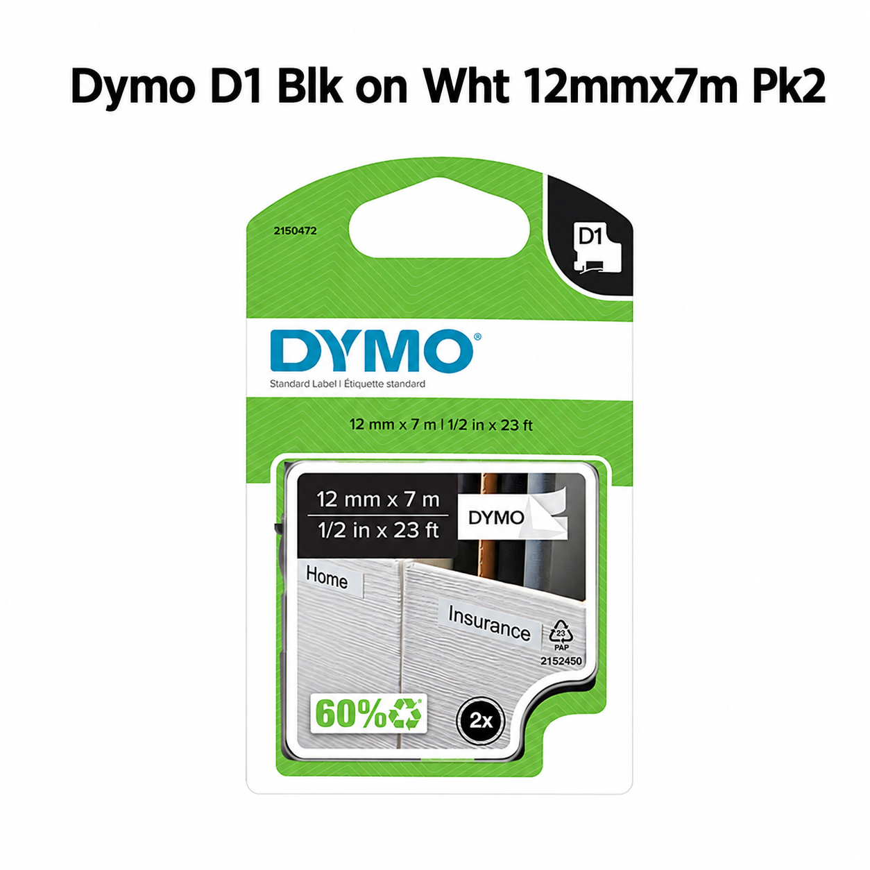 Dymo D1 Blk on Wht 12mmx7m Pk2