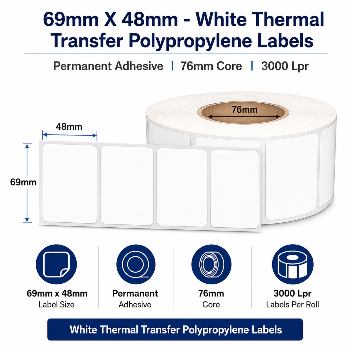 69mm x 48mm White Thermal Transfer Poly Labels – 3,000/Roll