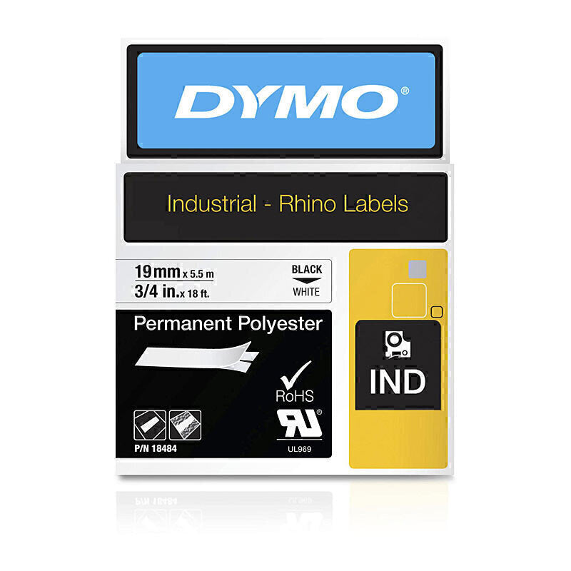 Dymo Rhino Polyester Label Tape in black on white, 19mm width, for industrial use.