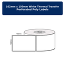 102mm x 150mm White Thermal Transfer Perforated Poly Labels Permanent Adhesive Long Life 76mm core 1000 LPR Compatible Product Product Code LNOZL12310