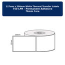 127mm x 200mm- White Thermal Transfer Labels, 750LPR Permanent Adhesive, 76mm Core,