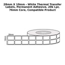 28mm x 10mm - White Thermal Transfer Labels, Permanent Adhesive, 20k LPR, 76mm core, Compatible product