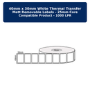 40mm x 30mm - White Thermal Transfer Matt Removable Labels, 25mm core, Compatible Product,1000 LPR