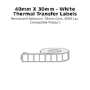 40mm x 30mm - White Thermal Transfer Labels, Permanent Adhesive, 76mm core, 4000 LPR, Compatible Product