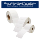 50mmx28mm - Direct Thermal Label - 40mm Core - 2000LPR - Permanent - Non Perforated Compatible Product