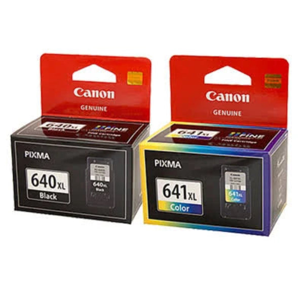 Two Canon ink cartridges, one black and one color, in their packaging on a white background.