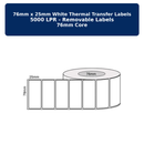 76mm x 25mm - White Thermal Transfer 5000LPR Removable Labels, 76mm Core,