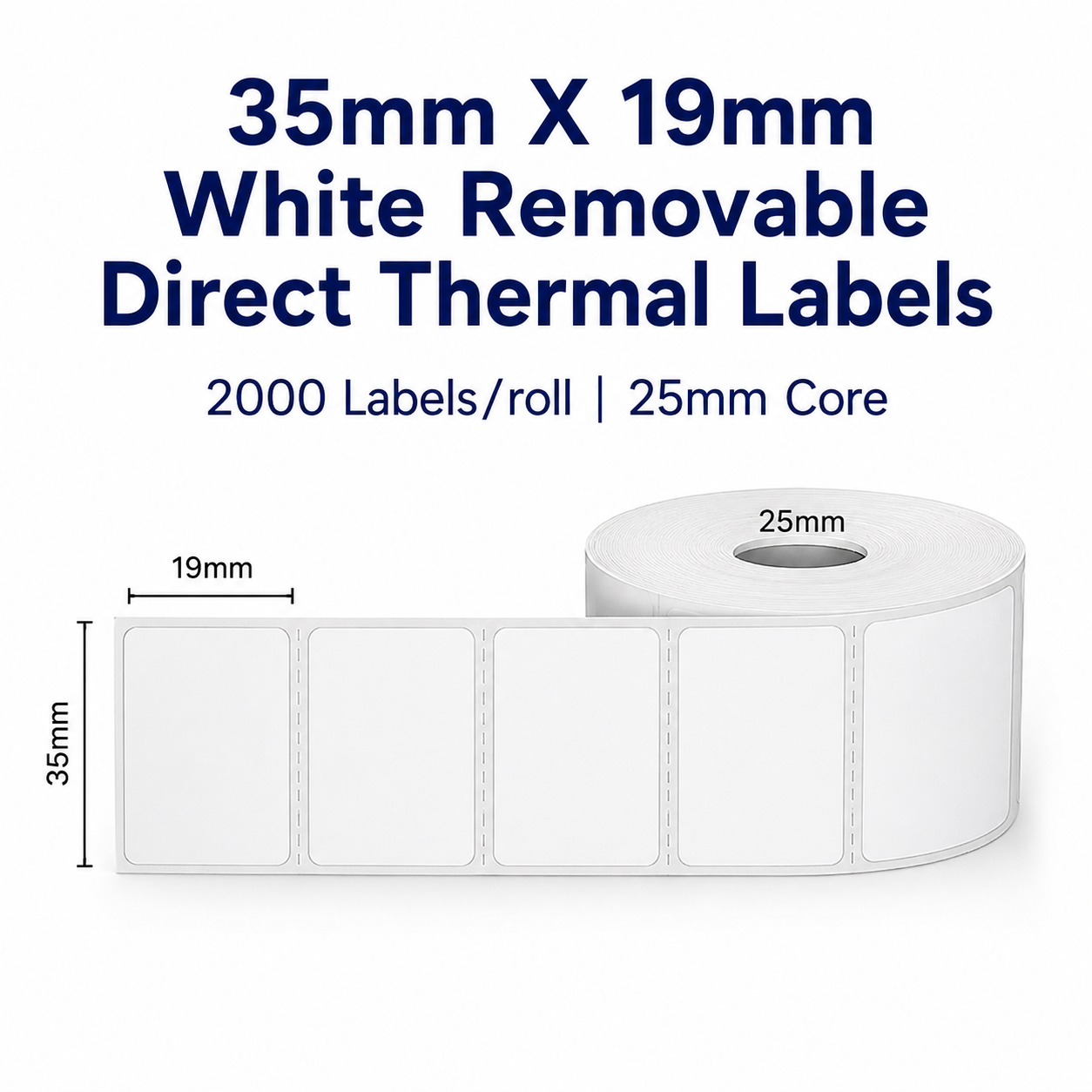 35mm x 19mm White Removable Direct Thermal Labels | 2000 Labels/Roll | 25mm Core