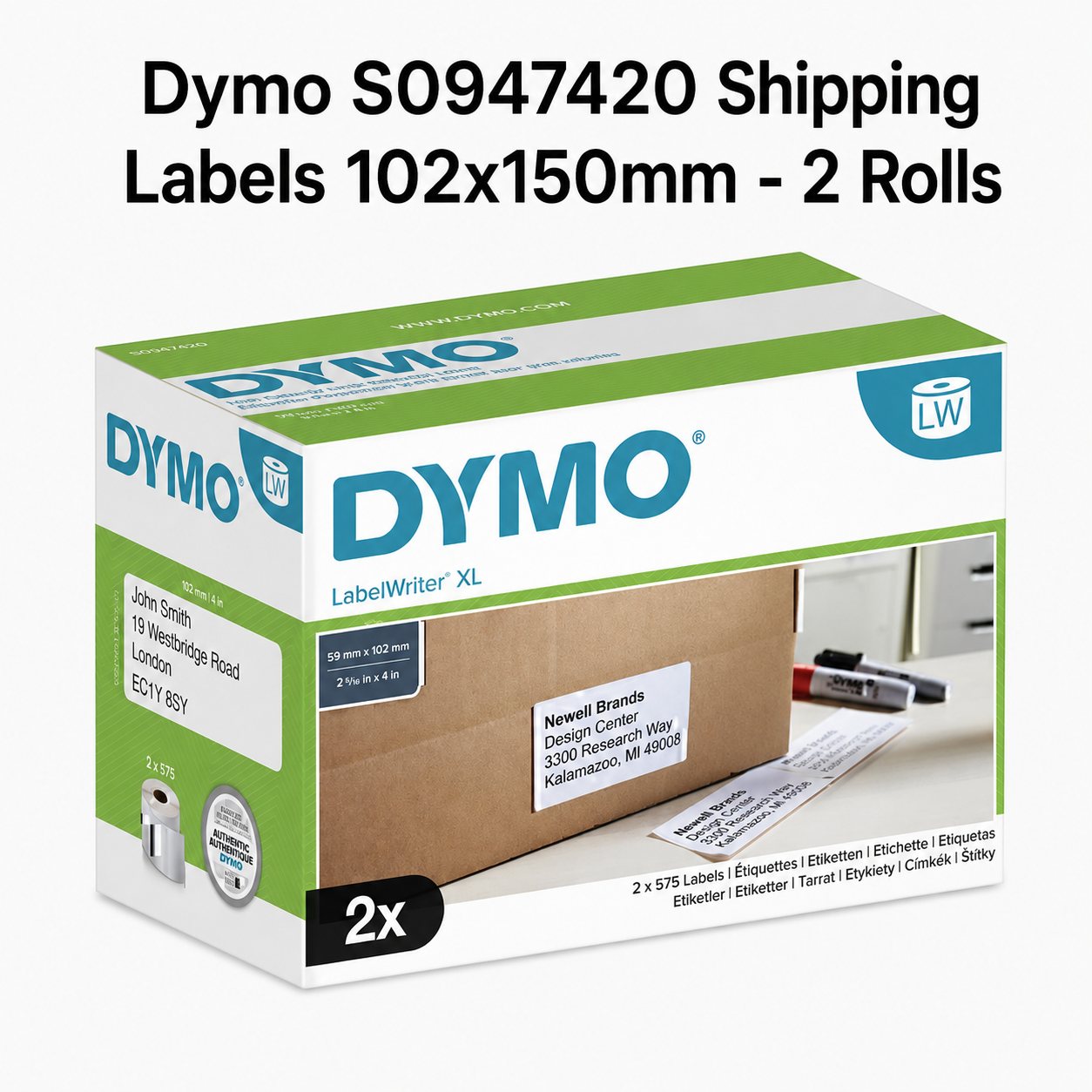 DYMO S0947420 LabelWriter Labels 102mm x 59mm White – Pack of 2 Rolls