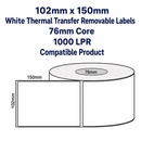102mm x 150mm - White Thermal Transfer Removable Labels, 76mm core, 1000 LPR, Compatible Product