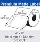 Illustration of an Epson compatible inkjet label roll with dimensions marked, indicating 4 inches by 6 inches die cut label size.