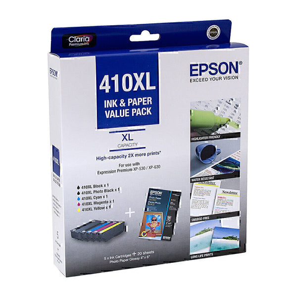 EPSON 410XL MEGA PACK 5 INK CMYK PBK  20 SHT 4X6 PAPER FOR XP-530 630 540 640