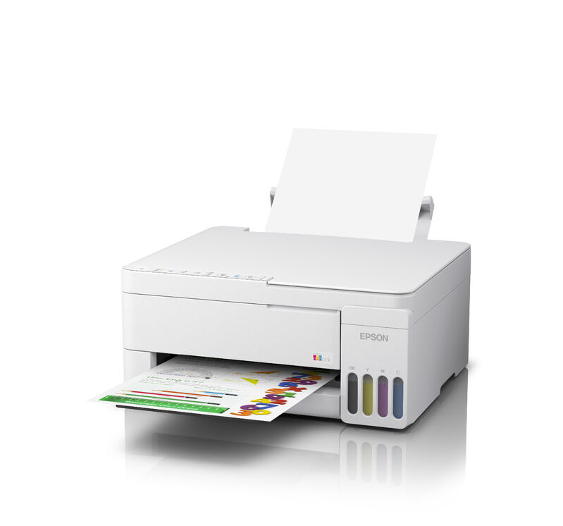 Epson printer with paper in a white background