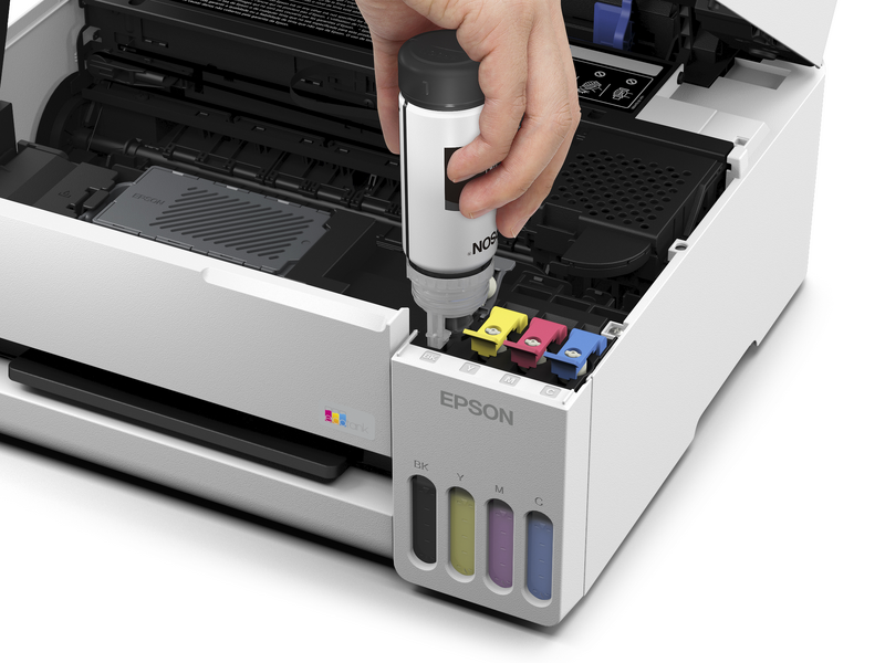 Epson printer with ink cartridge being inserted on a white background