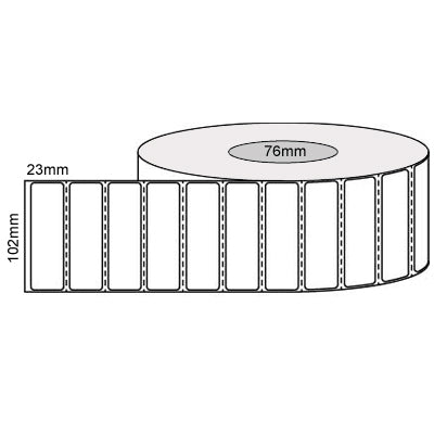 102mm x 23mm - White Thermal Transfer Perforated Labels, Permanent Adhesive, 4000 LPR 76mm core,