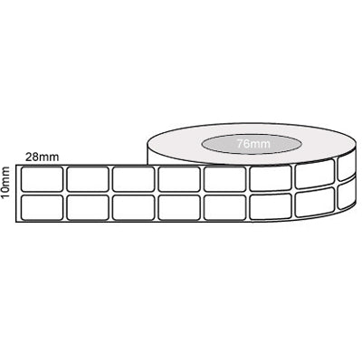 28mm x 10mm - White Thermal Transfer Labels, Permanent Adhesive, 20k LPR, 76mm core, Compatible product