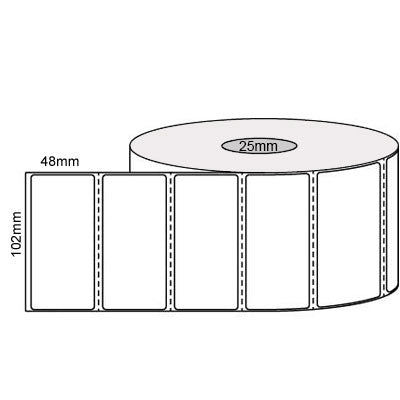 102mm x 48mm White, 25mm core Direct thermal, perforated, 1000 LPR Compatible product