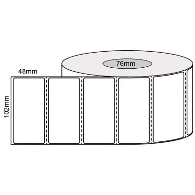 102mm x 48mm - White Thermal Transfer Perforated Poly Labels, Permanent Adhesive, 76mm core, 3000 LPR)