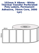 102mm x 48mm - White Thermal Transfer Perforated Poly Labels, Permanent Adhesive, 76mm core, 3000 LPR)
