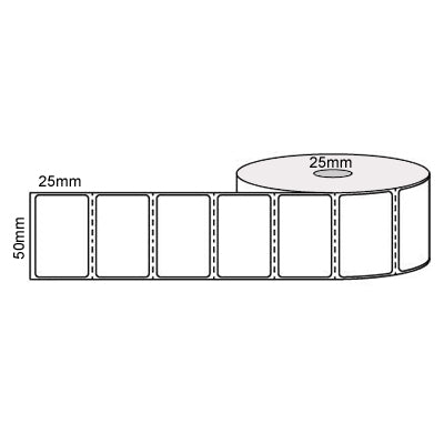 50mm x 25mm - White Direct Thermal Perforated Labels, Permanent Adhesive, 25mm Core, (2000/roll)