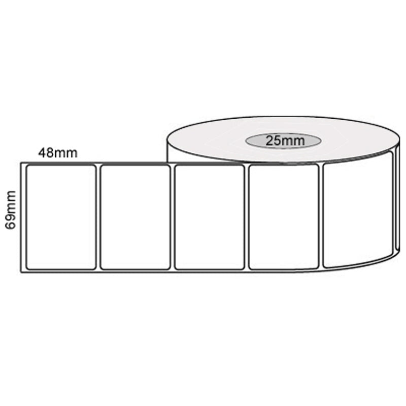 69mm x 48mm - White Direct Thermal Labels, Permanent Adhesive, 1000 LPR, 25mm core