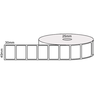 40mm x 30mm - White Gloss Thermal Transfer Labels, Permanent Adhesive, 25mm core, (2500 LPR)