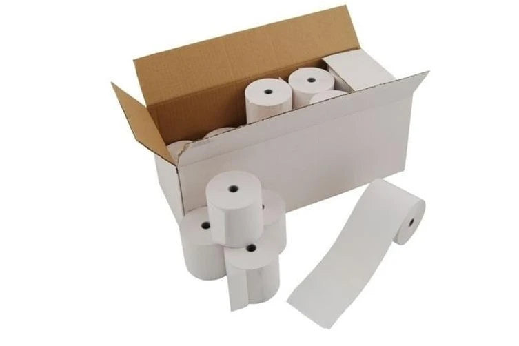 A box of CALIBOR thermal paper rolls, with several rolls placed outside the box.