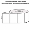 102mm x 73mm White Direct Thermal Removable Labels | 76mm Core | 1500 Labels/Roll