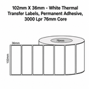 102mm x 36mm - White Thermal Transfer Labels, Permanent Adhesive, 3000 LPR 76mm core