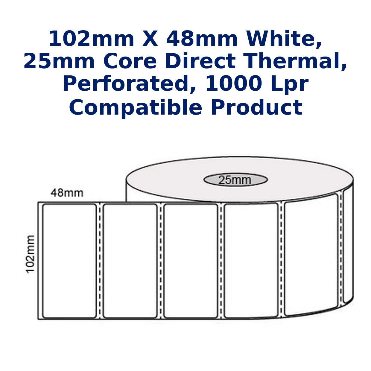 102mm x 48mm White, 25mm core Direct thermal, perforated, 1000 LPR Compatible product