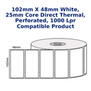 102mm x 48mm White, 25mm core Direct thermal, perforated, 1000 LPR Compatible product