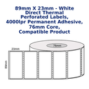 89mm x 23mm - White Direct Thermal Perforated Labels, 4000LPR  Permanent Adhesive, 76mm core, Compatible Product