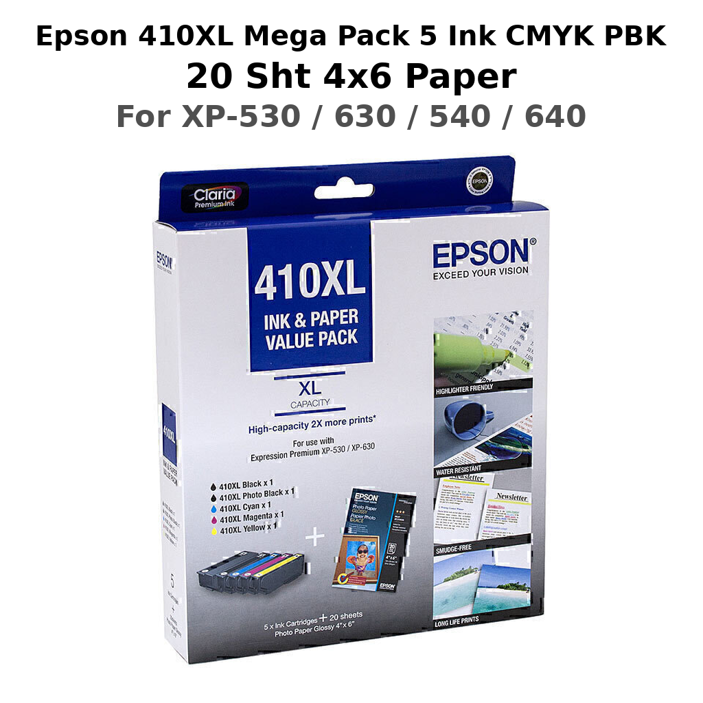 EPSON 410XL MEGA PACK 5 INK CMYK PBK 20 SHT 4X6 PAPER FOR XP-530 630 540 640