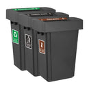 Three black recycling bins with labeled compartments on a white background