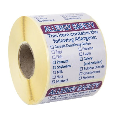 Roll of allergy safety labels with a list of allergens on a white background