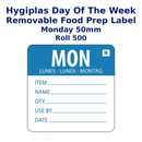 Hygiplas Day Of the Week Removable Food Prep Label Monday 50mm (Roll 500)