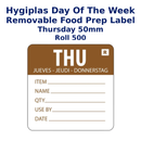 Hygiplas Day Of the Week Removable Food Prep Label Thursday 50mm (Roll 500)
