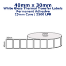 40mm x 30mm - White Gloss Thermal Transfer Labels, Permanent Adhesive, 25mm core, (2500 LPR)