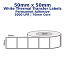 50mm x 50mm - White Thermal Transfer Labels, Permanent Adhesive,3000LPR Compatible Product 76mm core,
