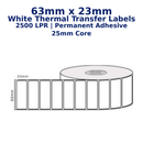 63mm x 23mm - White Thermal Transfer Labels, 2500LPR, Permanent Adhesive, 25mm Core,
