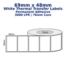 69mm x 48mm - White Thermal Transfer Labels, Permanent Adhesive, 3000 LPR 76mm Core