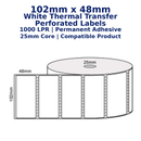 102mm x 48mm white thermal transfer perforated labels 1000 LPR Permanent Adhesive compatible product 25mm core