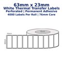 63mm x 23mm - White Thermal Tran63mm x 23mm Thermal Transfer Labels – 4000 Labels Per Rollfer Perforated Labels, Permanent Adhesive, 76mm core, 4000LPR