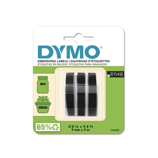 Dymo Embossing Label Tape 9mm x 3M Black Plastic - 3 Pack