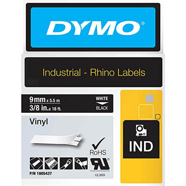 Dymo Rhino Vinyl 9mm Tape Blk 9mm x 5.5M